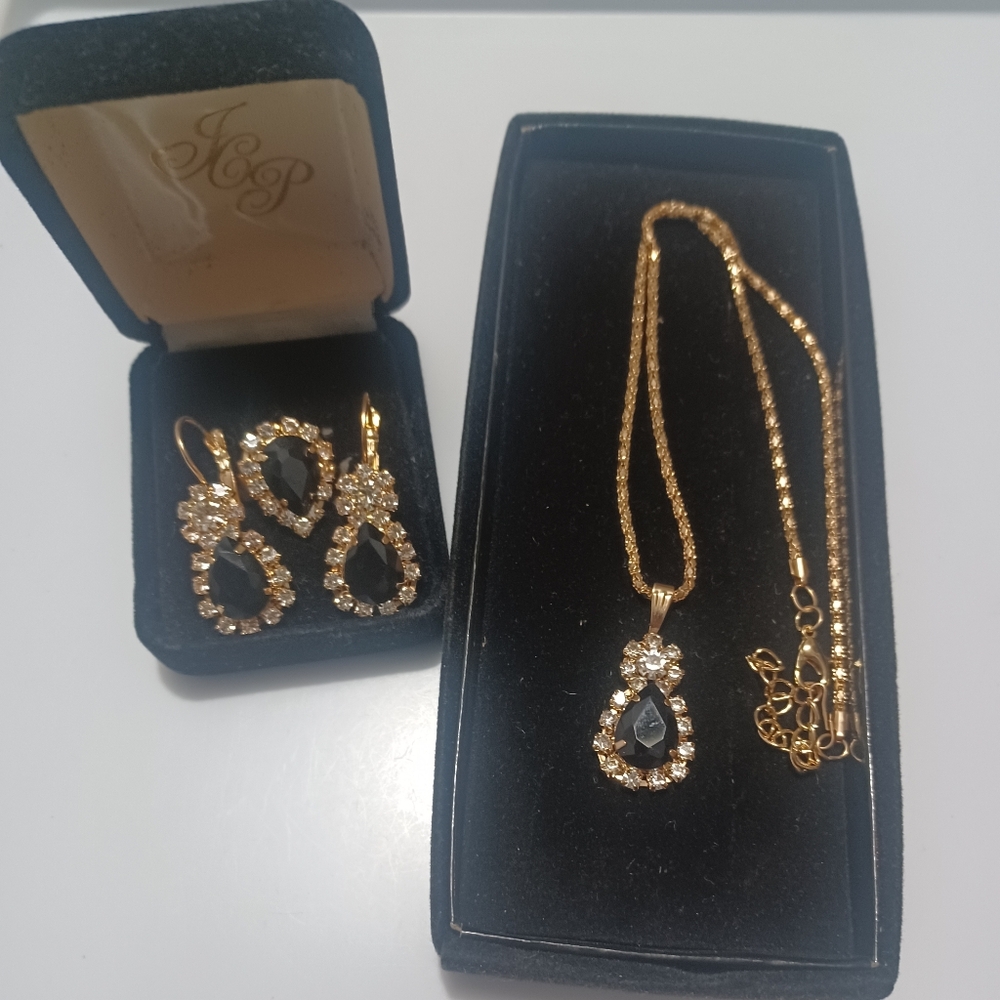 Black gold diamond teardrop demi parue costume jewelry set earrings ring & neckl